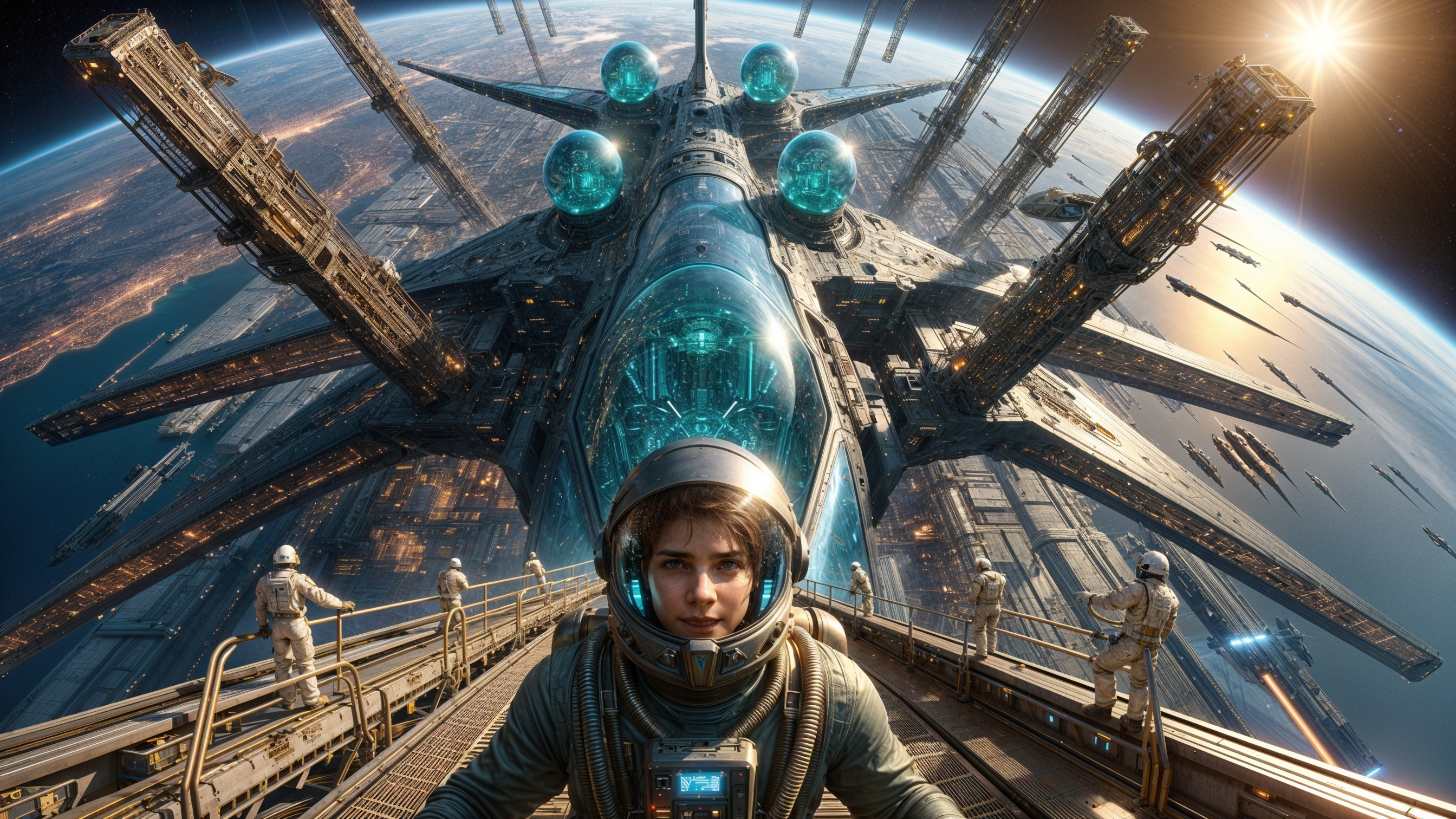 Futuristic Spacecraft Orbiting Earth with Astronaut
