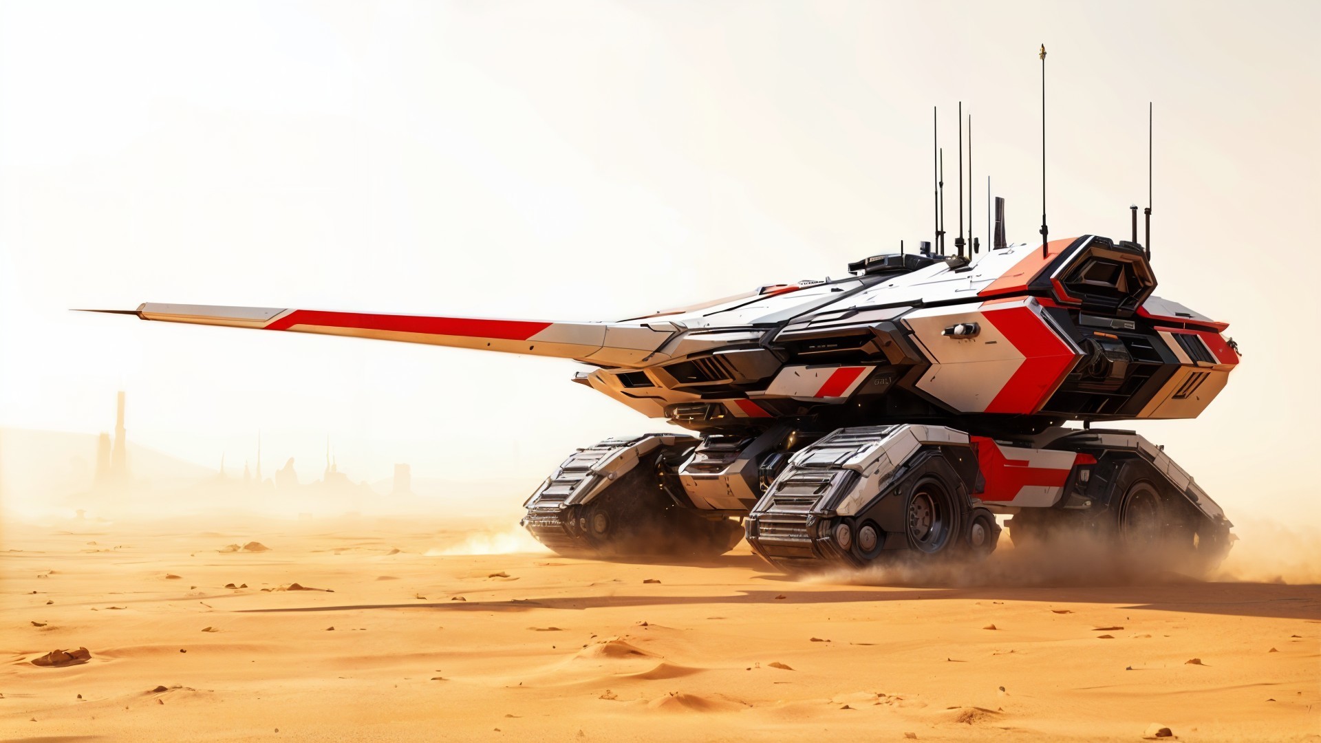 Futuristic tank in a desert landscape with advanced design