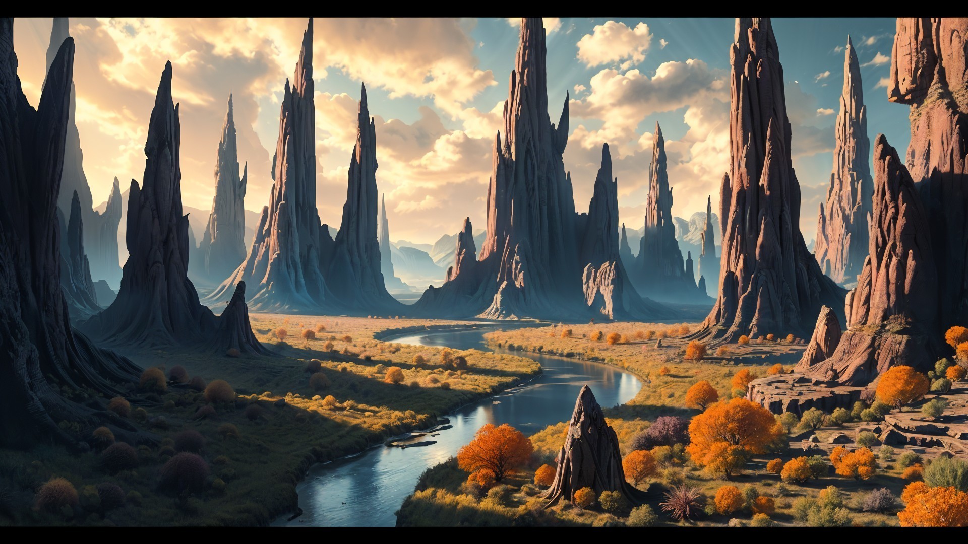Dramatic Landscape with Rock Formations and River