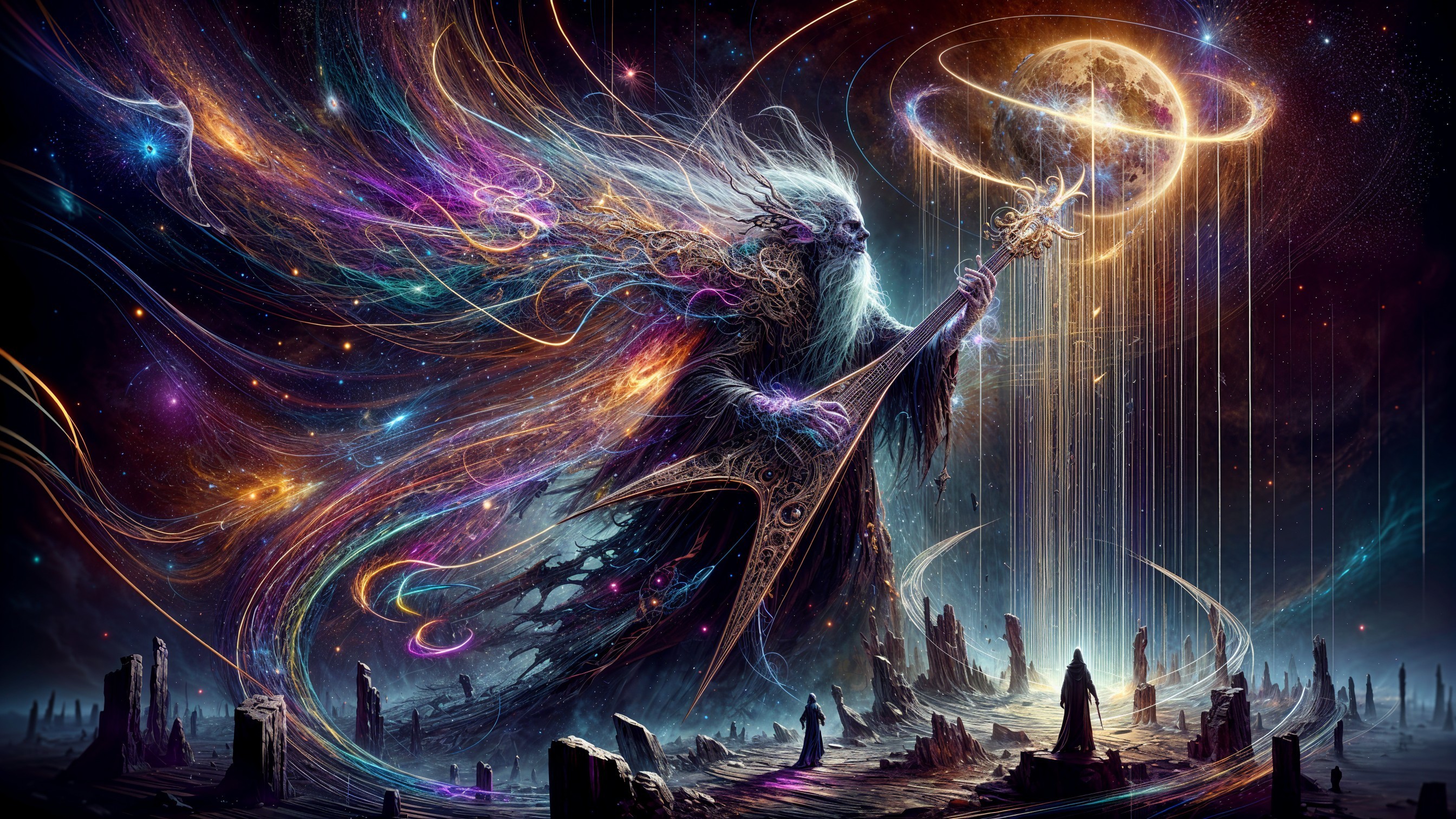 Cosmic Wizard with Ornate Guitar in Vibrant Landscape
