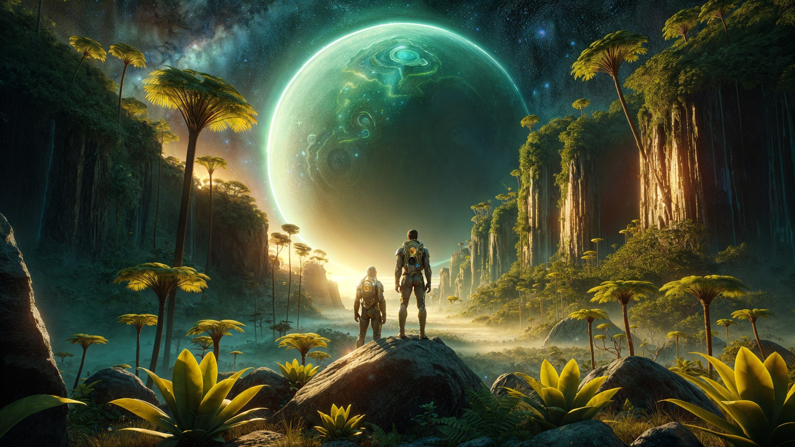 Explorers in Alien Landscape with Glowing Planet