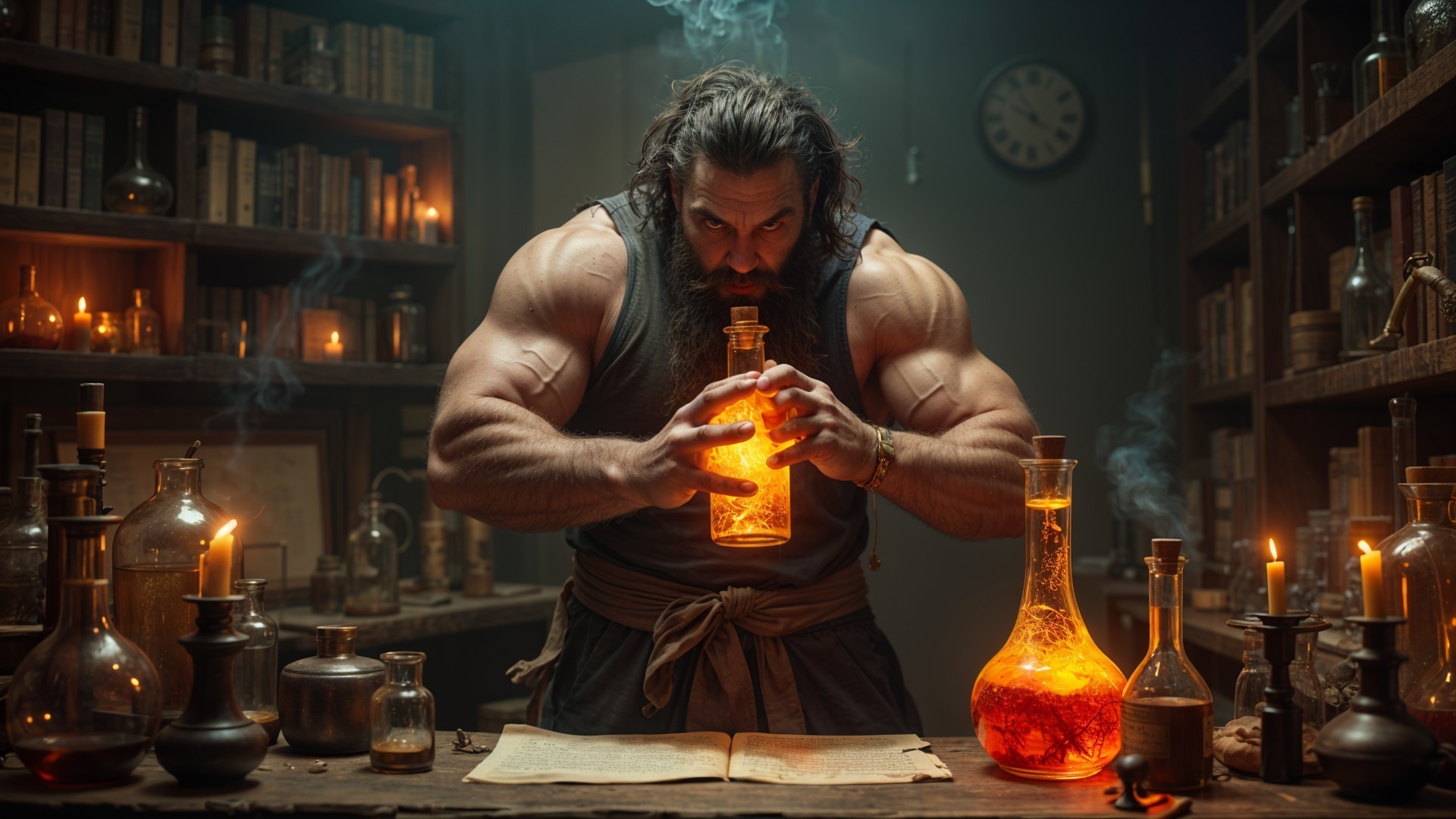 Alchemist's Workshop with Glowing Potion and Shadows