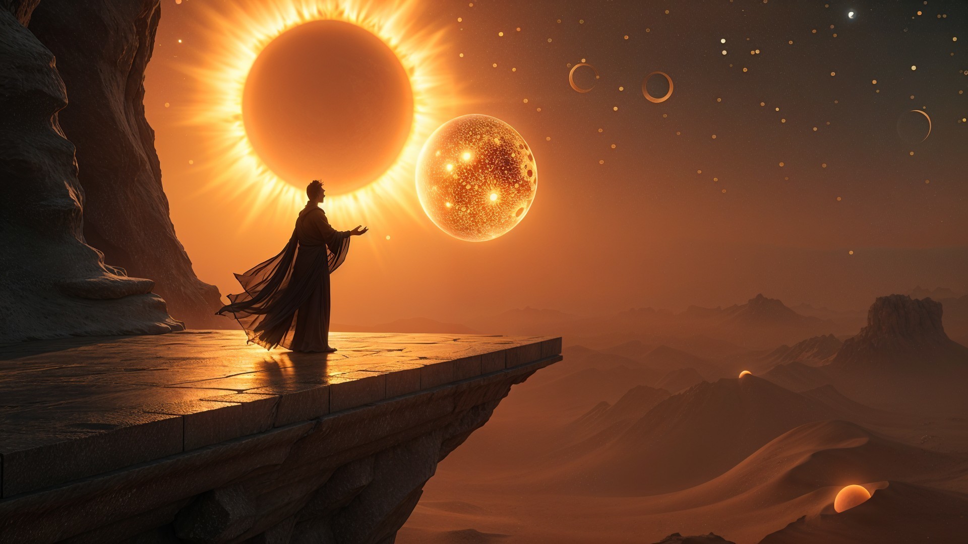 Surreal Landscape with Two Suns and Desert Dunes