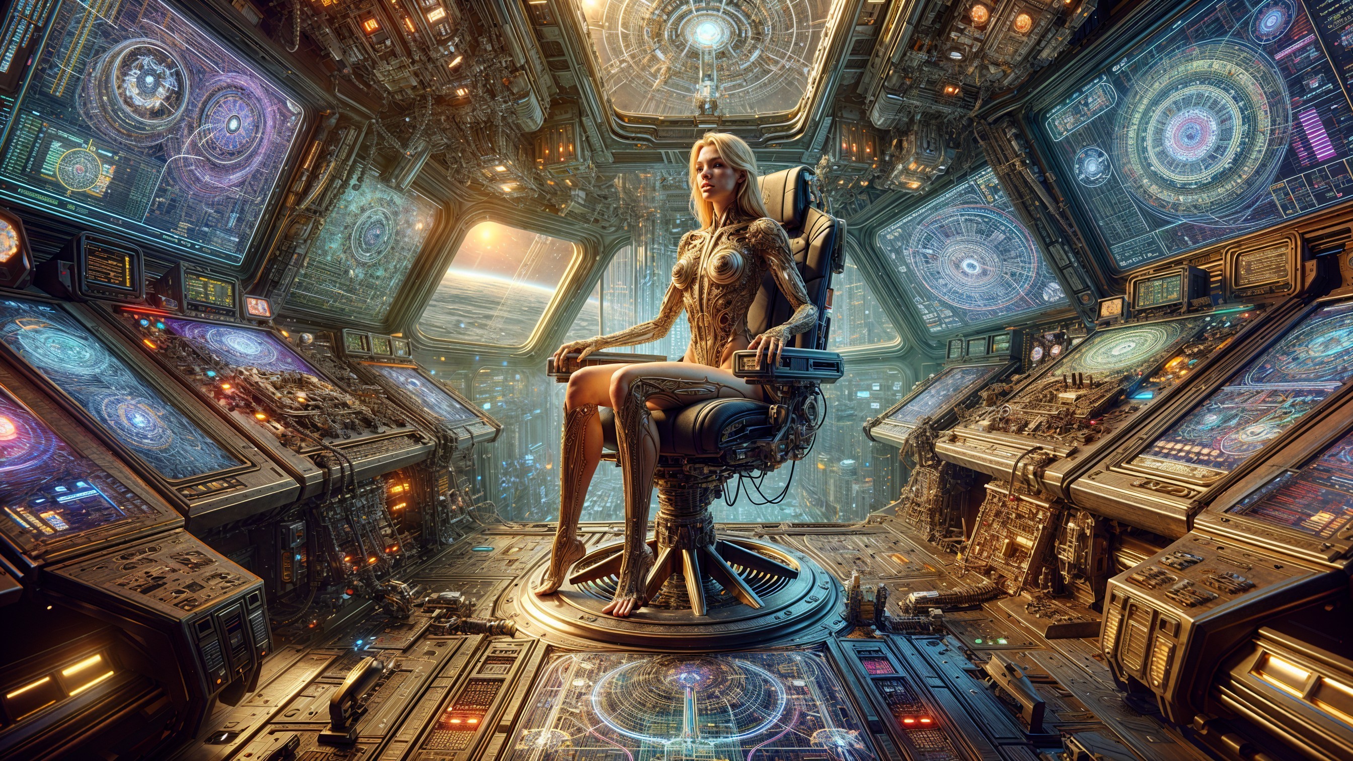 Futuristic Control Room with Humanoid Figure and Holograms