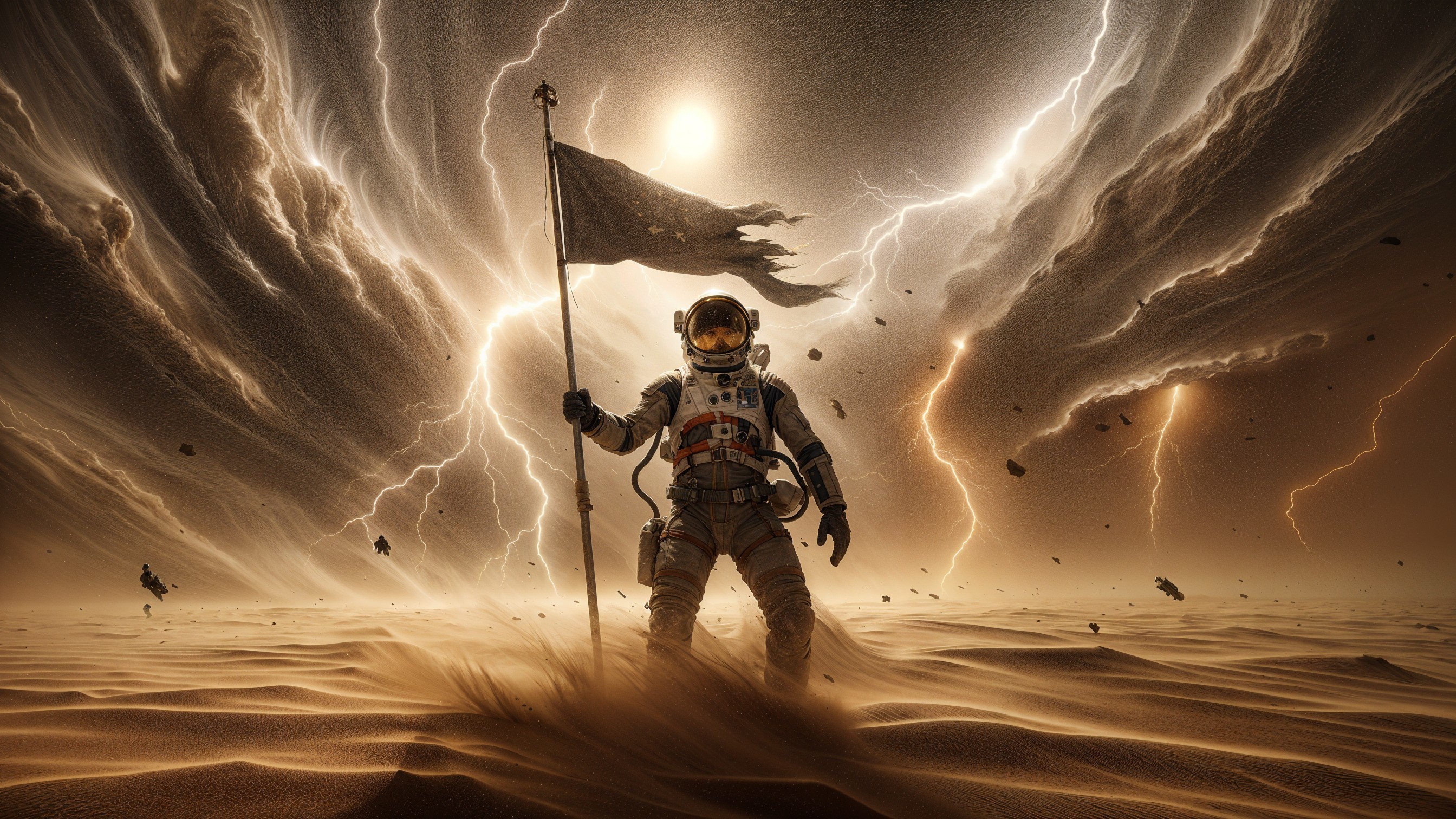 Astronaut in Desolate Landscape with Dramatic Sky