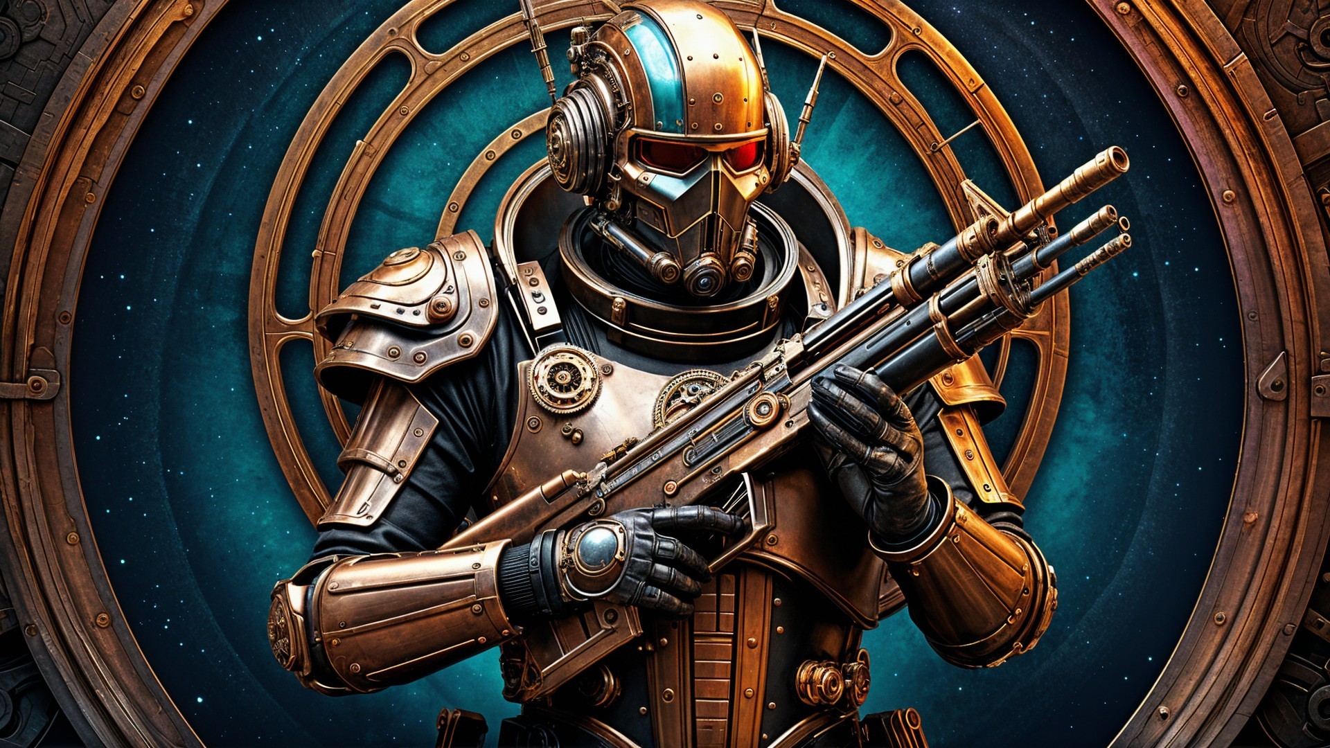 Futuristic soldier in bronze armor with tech rifle
