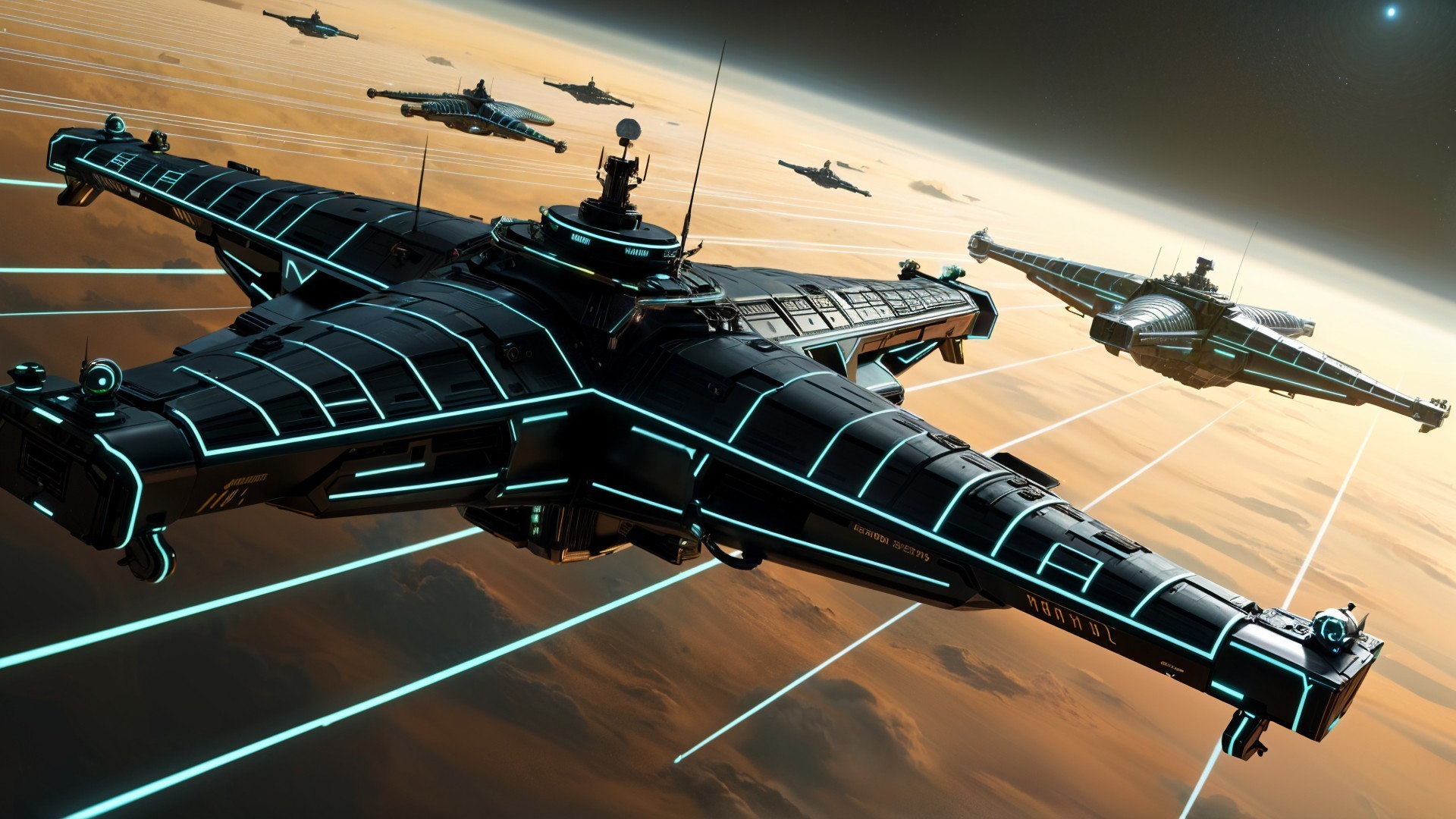 Futuristic Spaceships in a Cosmic Scene Above Gas Giant