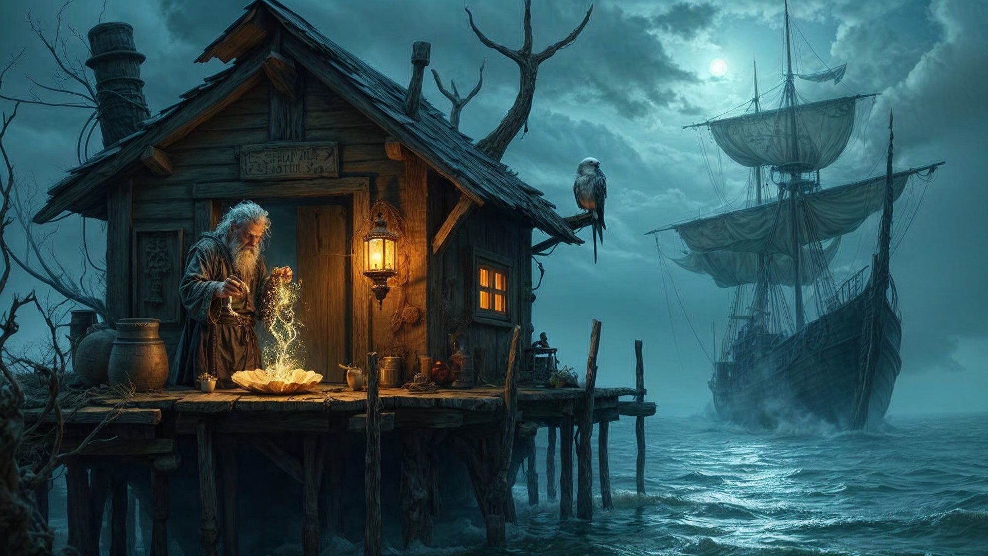 Mysterious Old Man Casting Magic by Rustic Shack