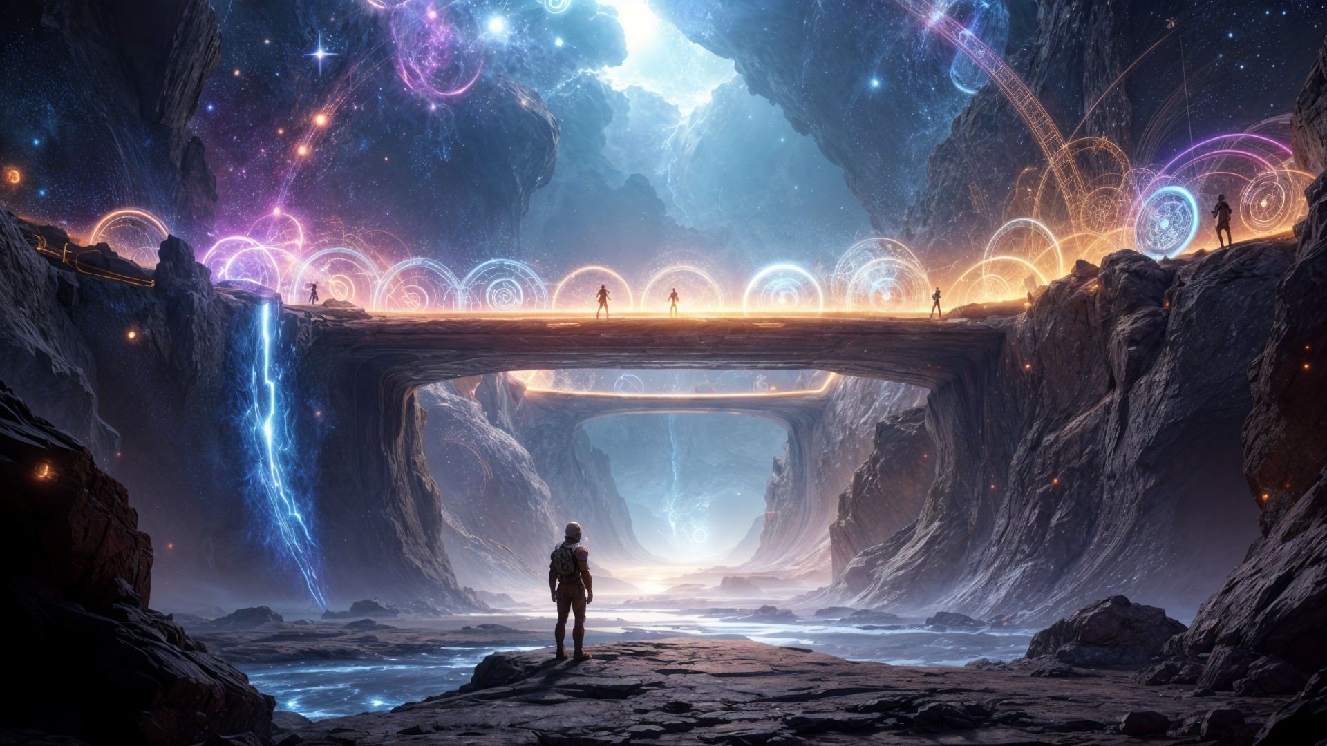 Otherworldly Landscape with Ethereal Bridge and Waterfall