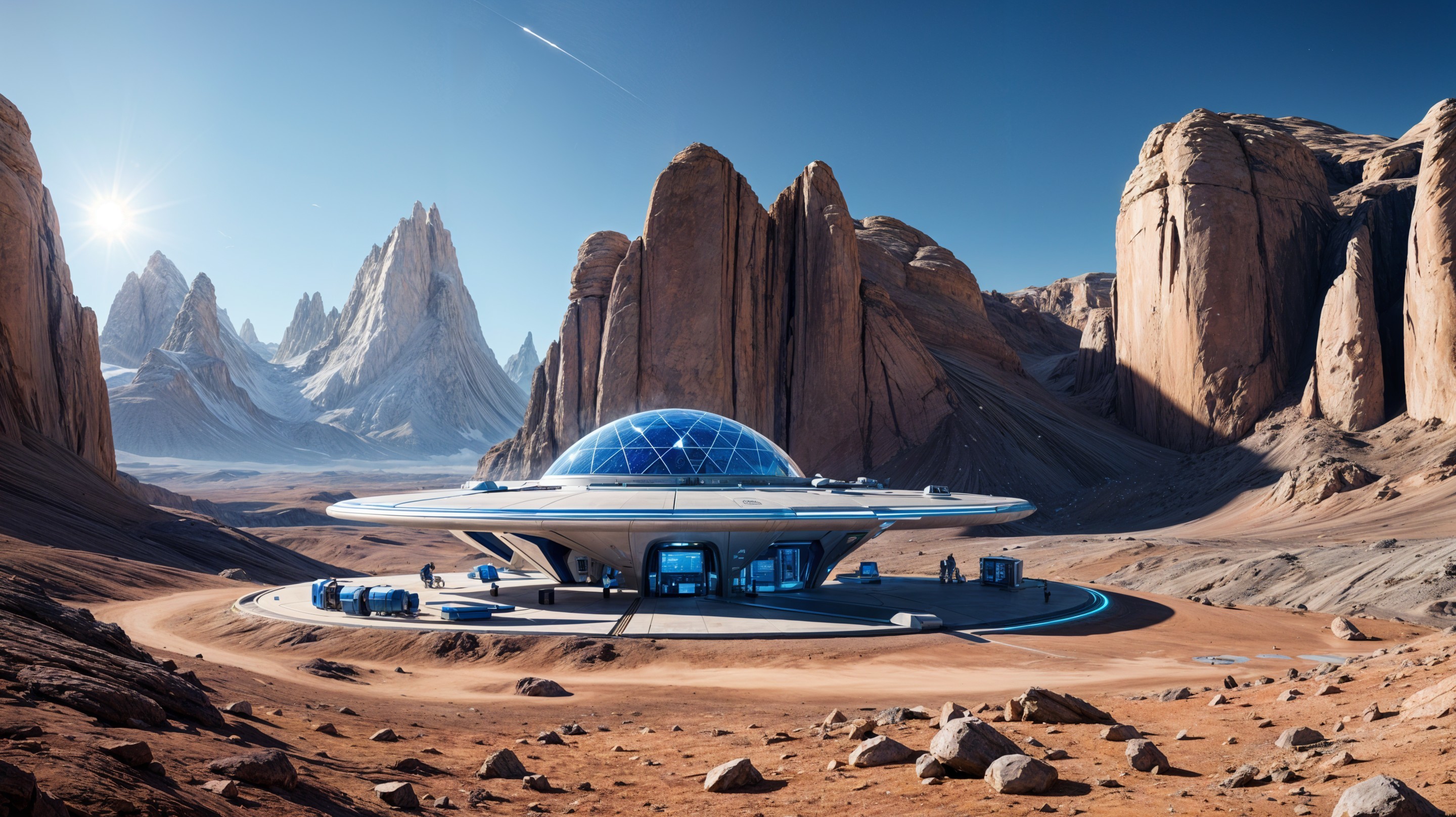Futuristic spacecraft in arid landscape with mountains