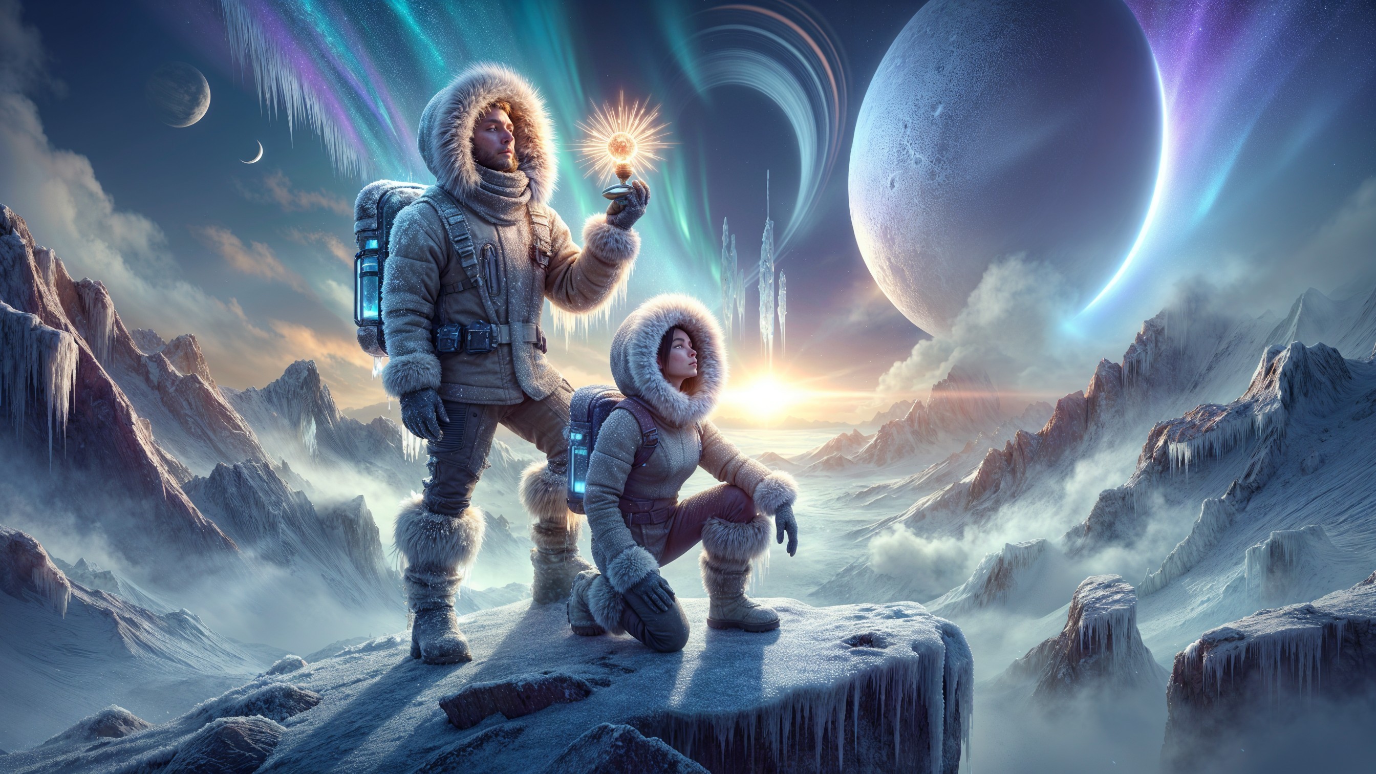 Futuristic Explorers in Icy Alien Landscape