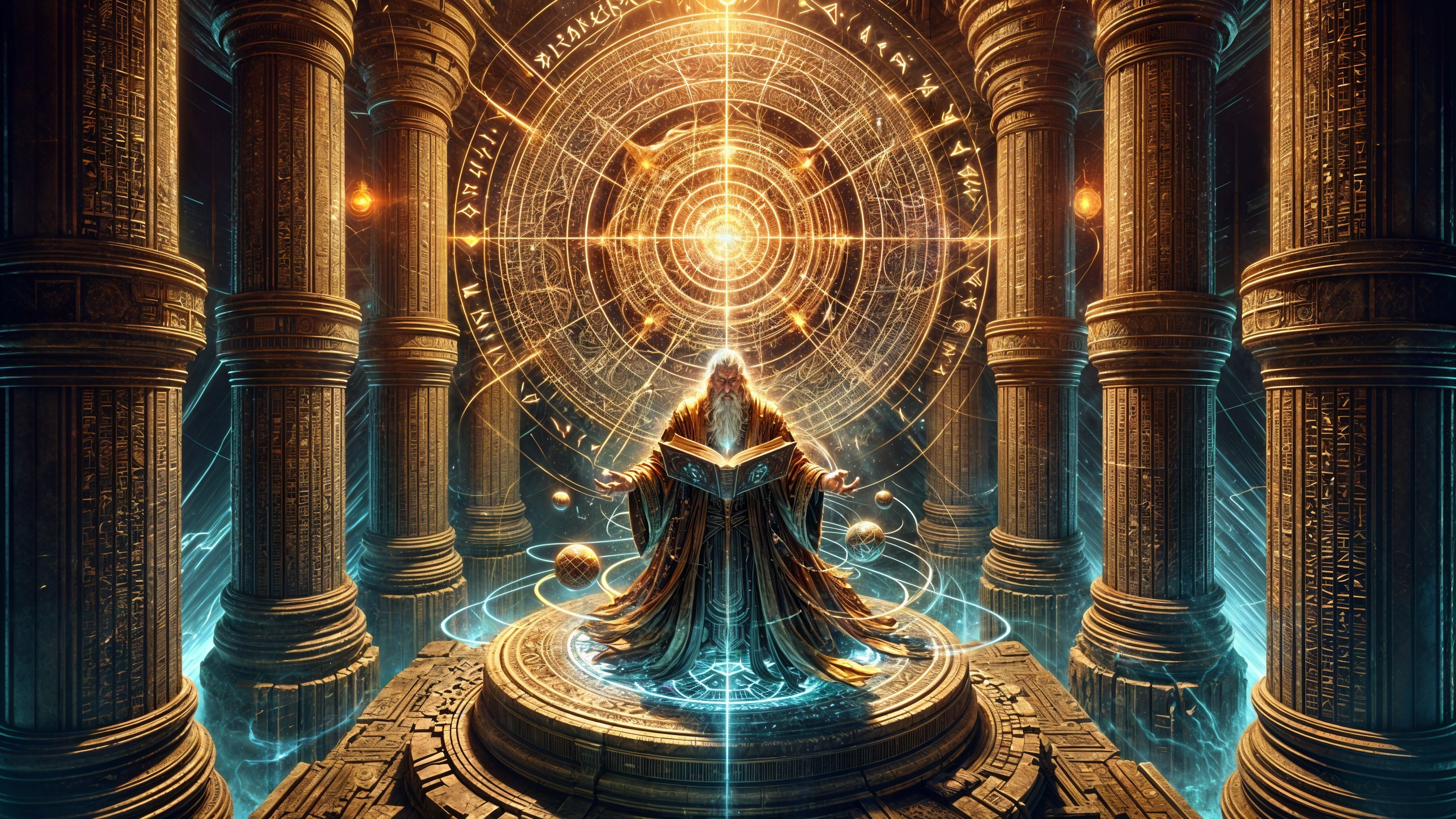 Cloaked Figure with Ancient Book in Mystical Temple