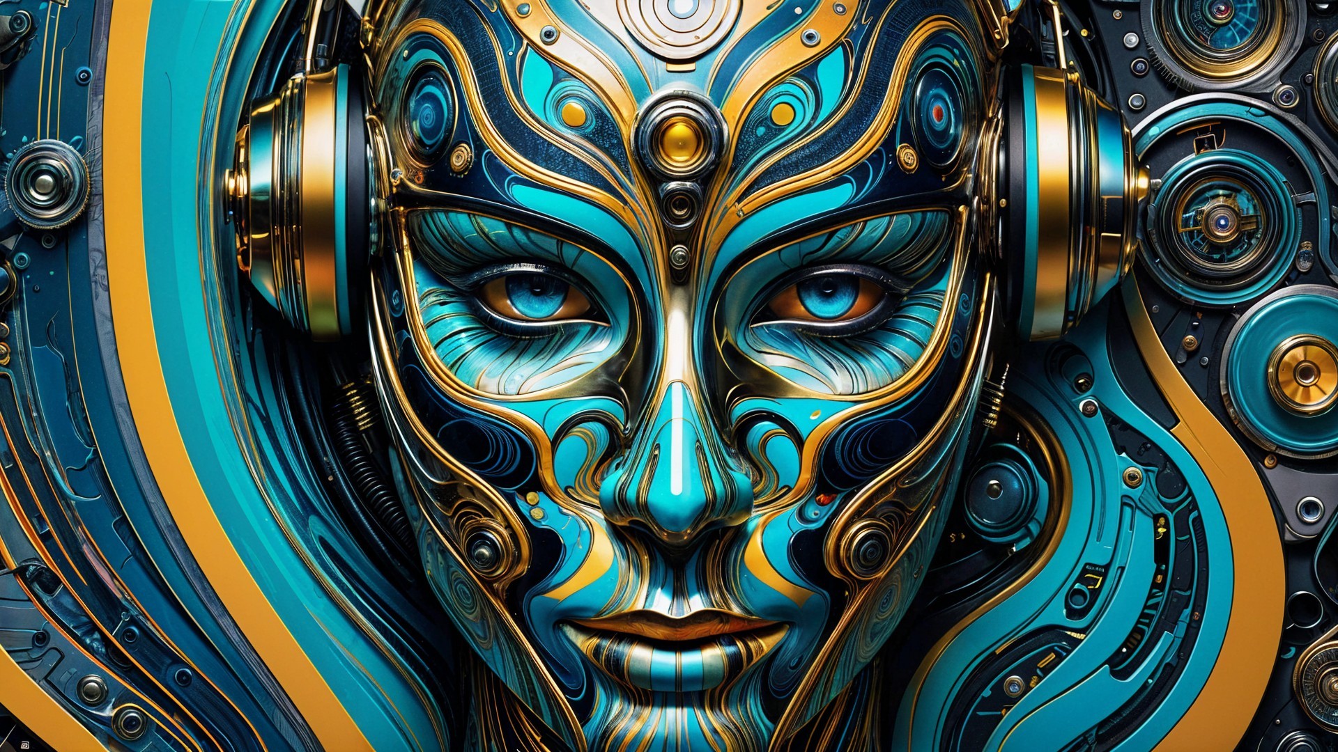 Futuristic Android Face with Turquoise and Gold Design
