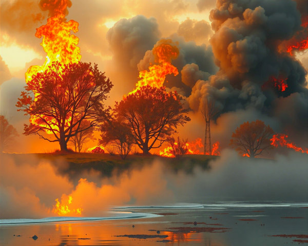 Dramatic Landscape of Fiery Flames and Smoky Sky