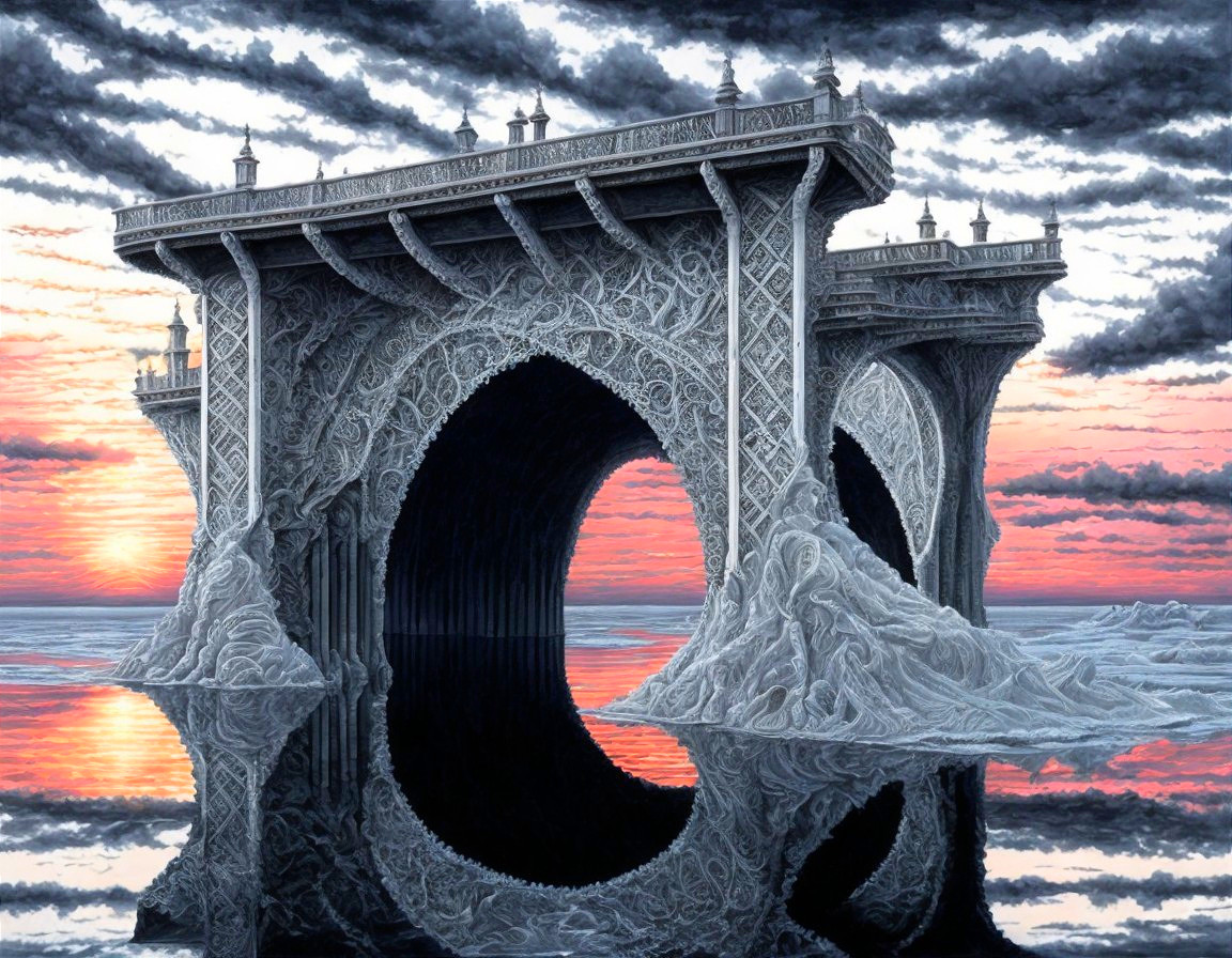 Intricate Bridge Over Serene Water at Sunset