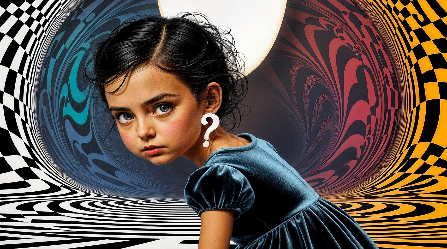 Young girl in blue dress with curious expression