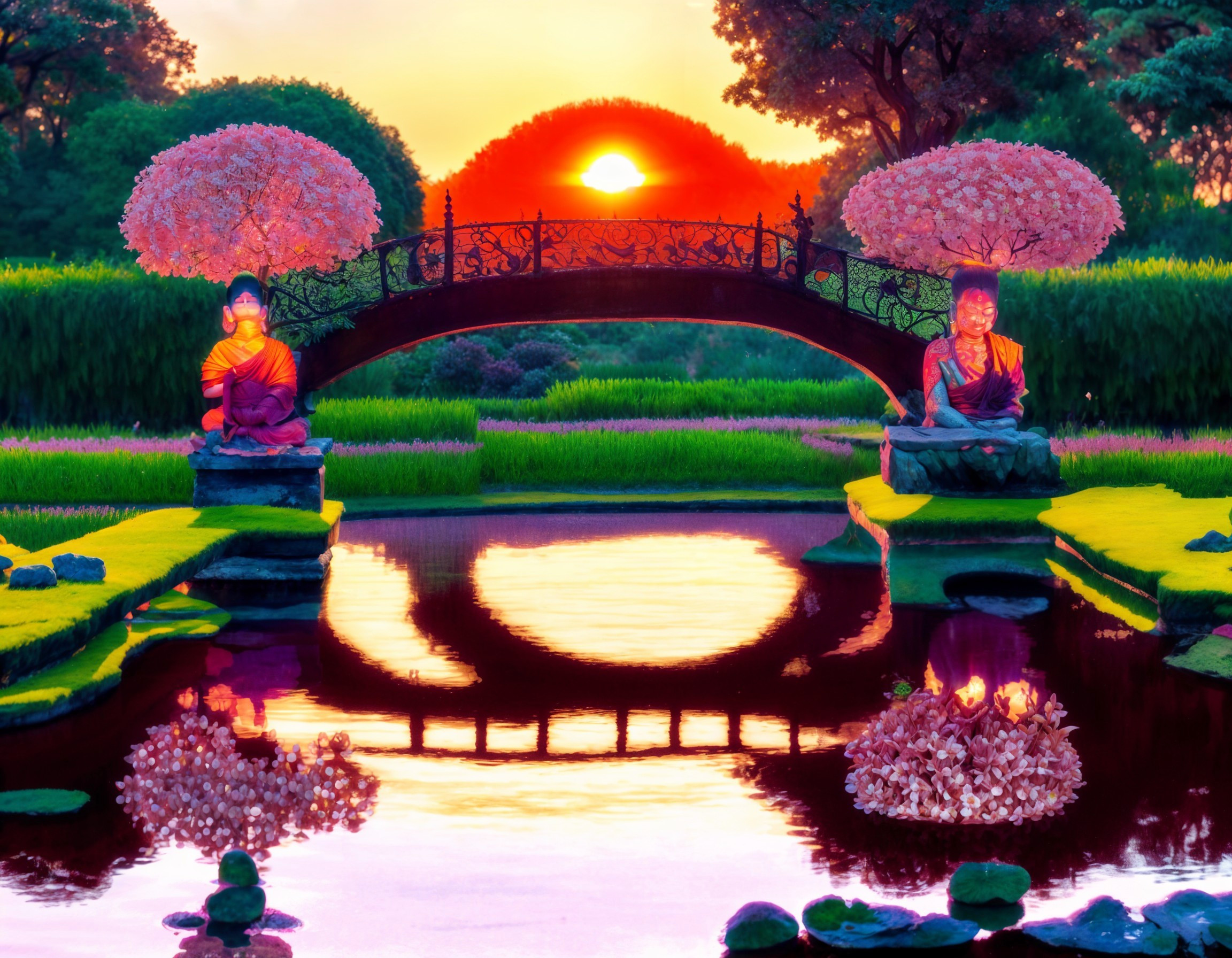 Serene garden at sunset with bridge and cherry blossoms