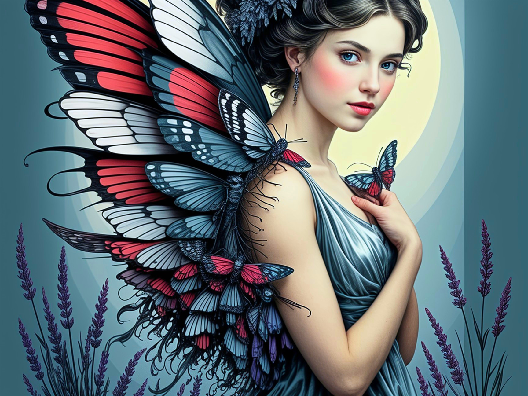 Young Woman with Butterfly Wings in Moonlit Setting