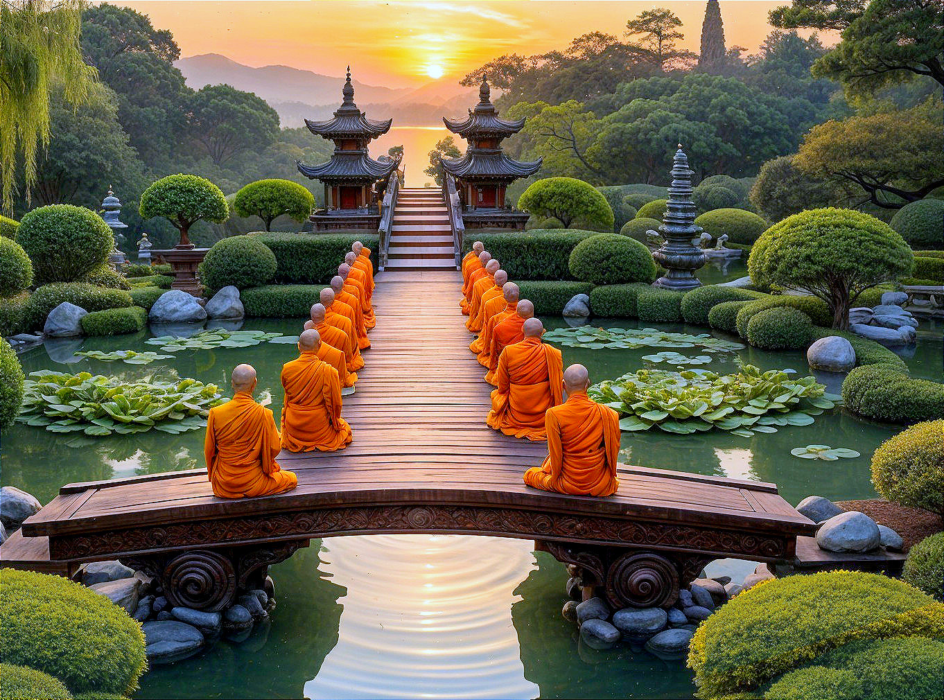 Serene Garden Landscape with Monks at Sunrise