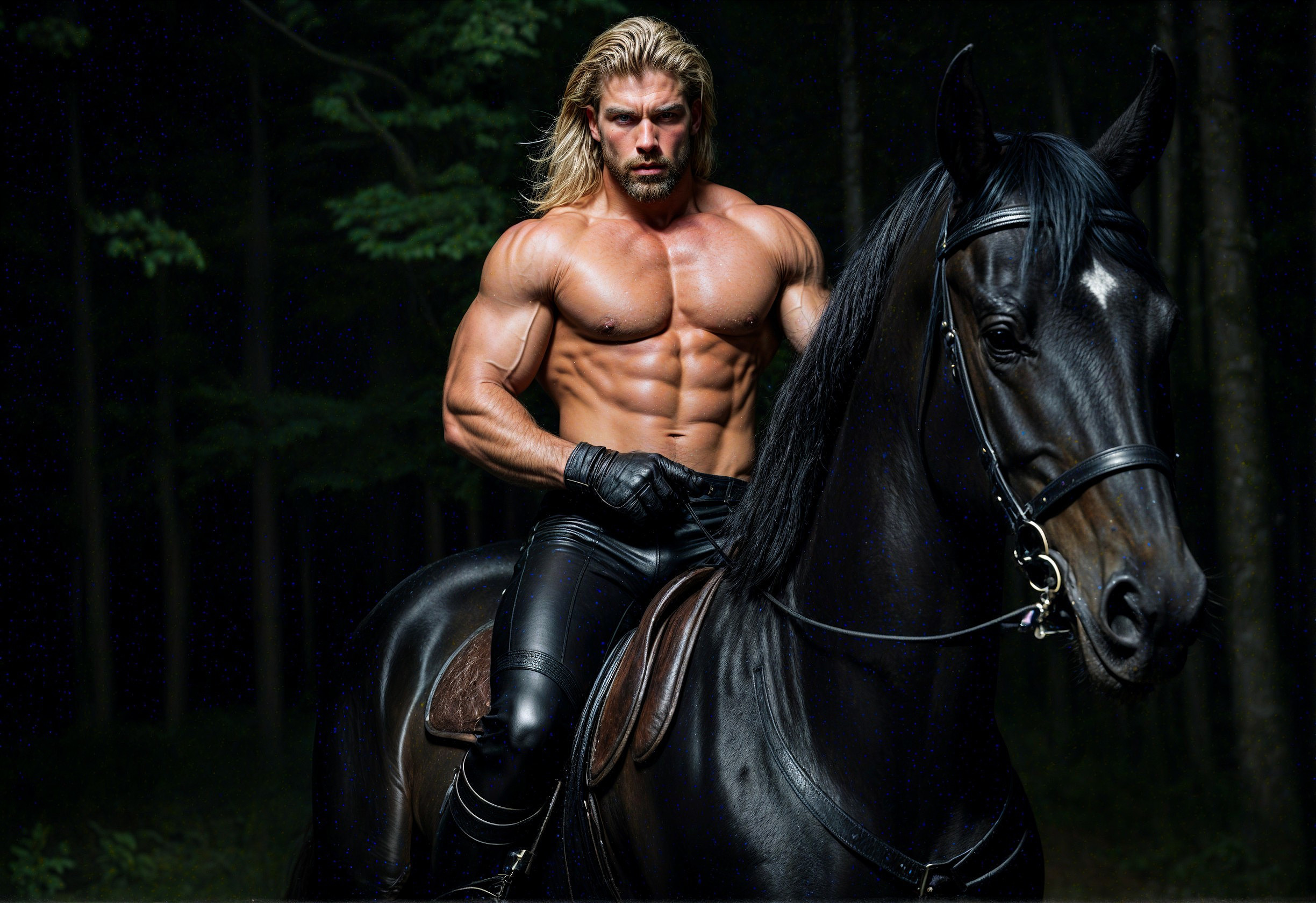 Muscular Man on Black Horse in Dramatic Lighting