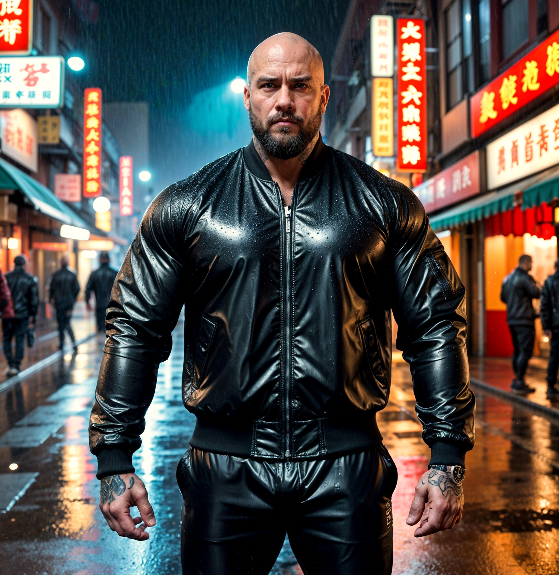 Muscular Figure in Neon-Lit Rainy Urban Street