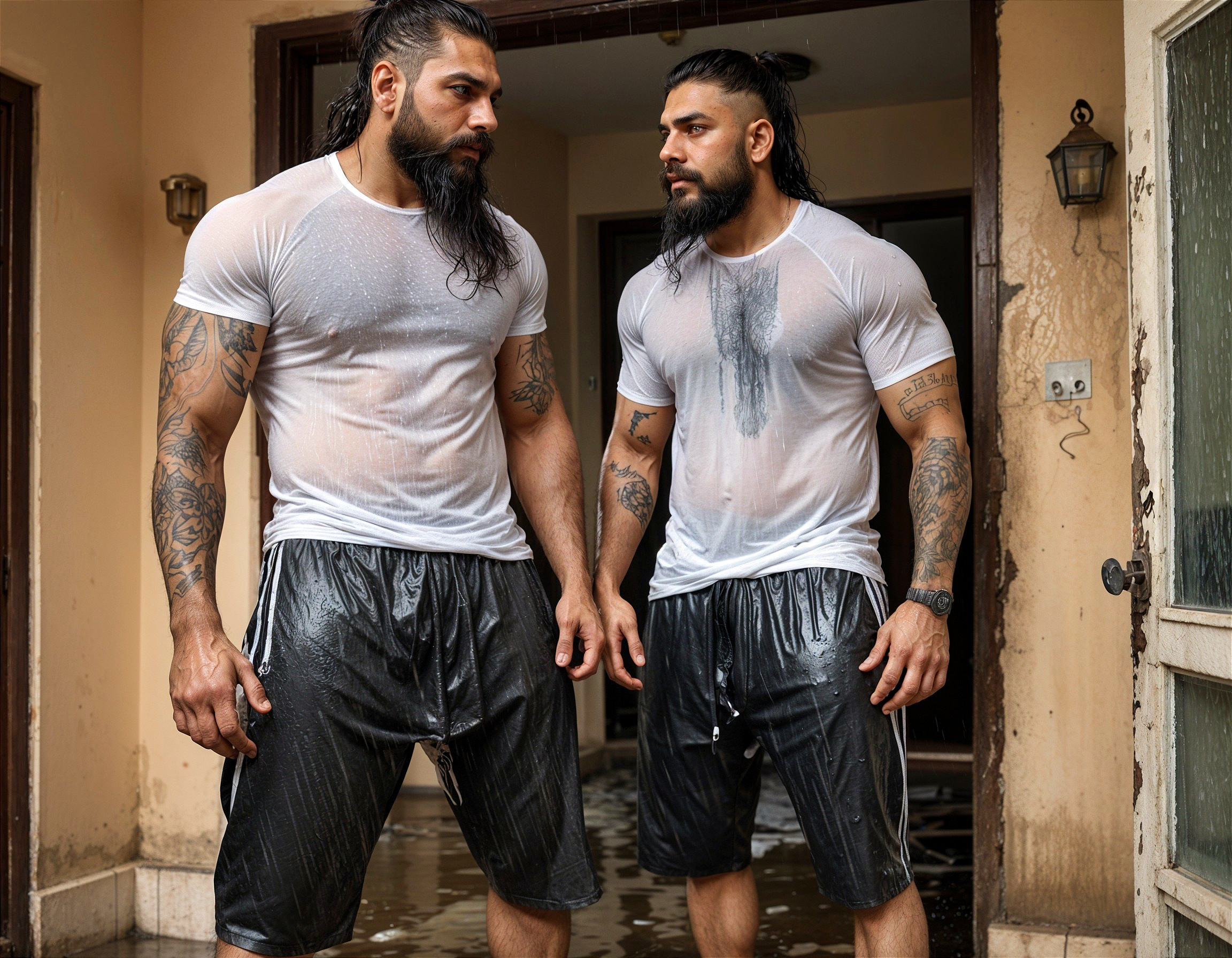 Muscular Men in Wet T-Shirts with Tattoos and Water