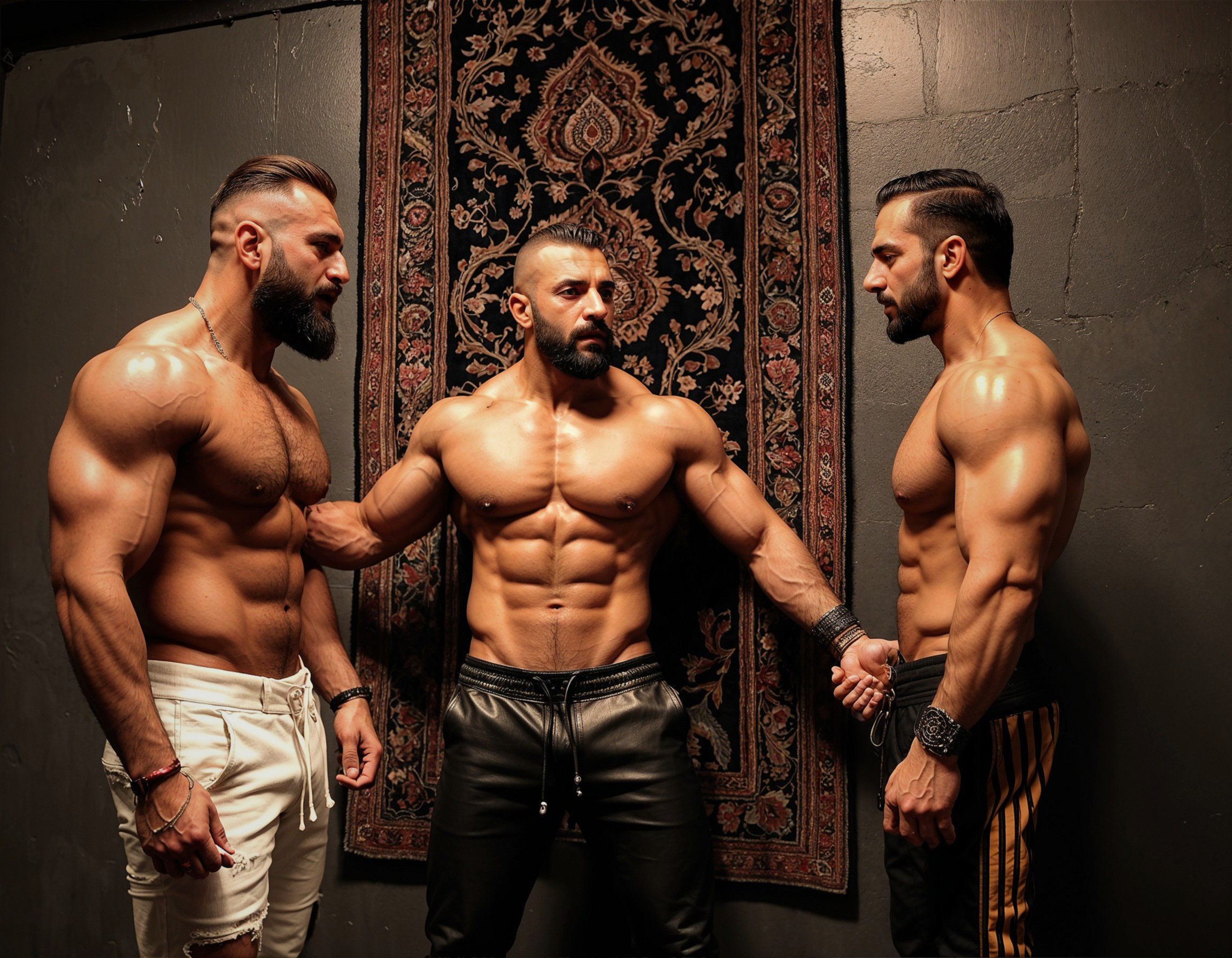 Three Muscular Men Posing Against Dark Backdrop