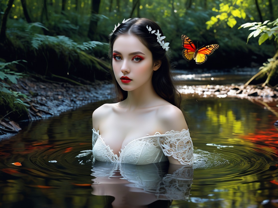 Young woman in serene forest stream with greenery