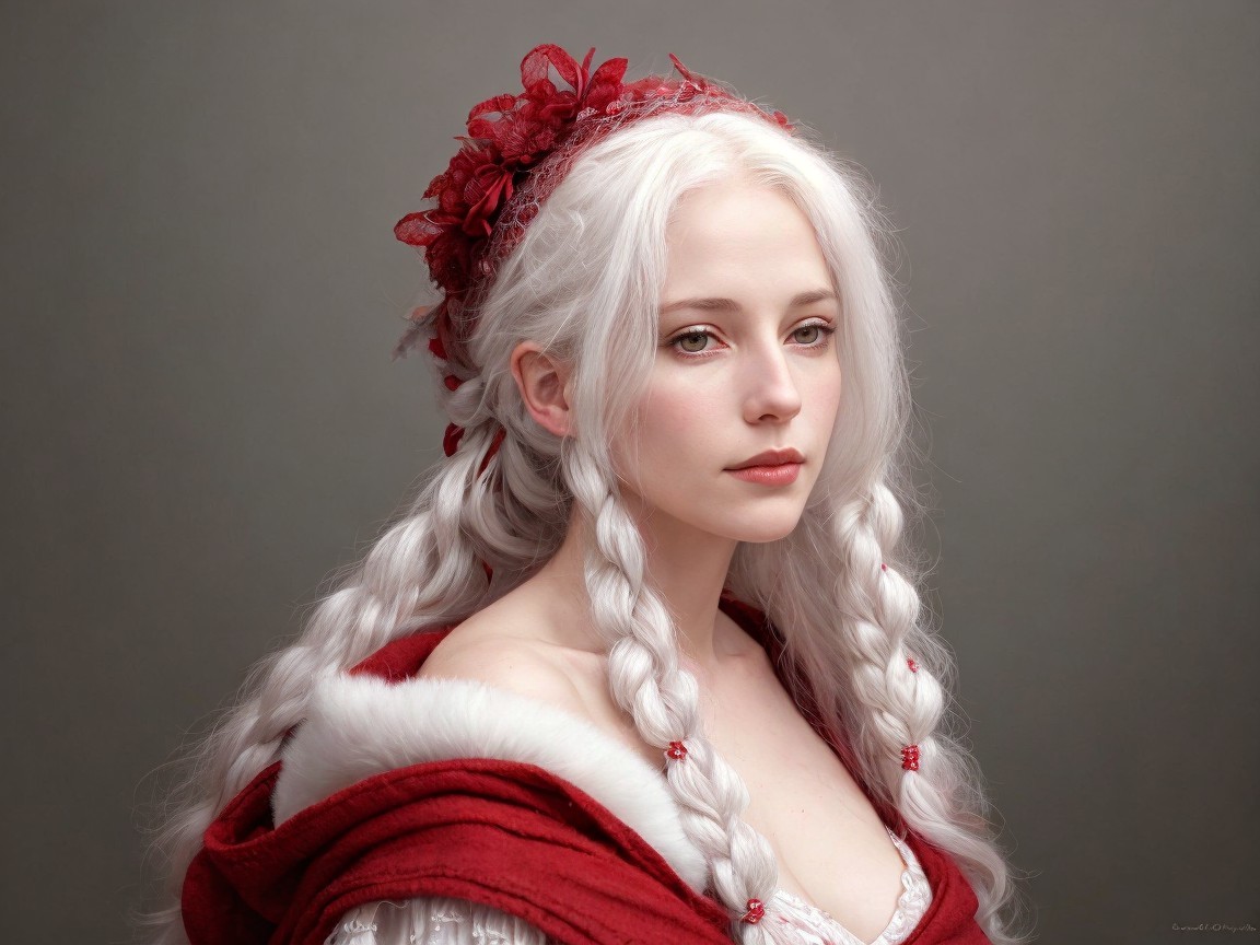 Young woman in red cloak with braided white hair