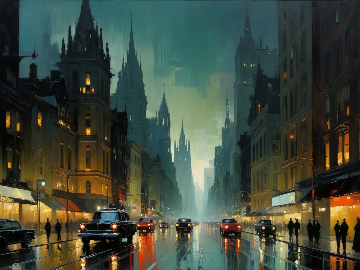 Urban Dusk Scene with Vintage Cars and Buildings