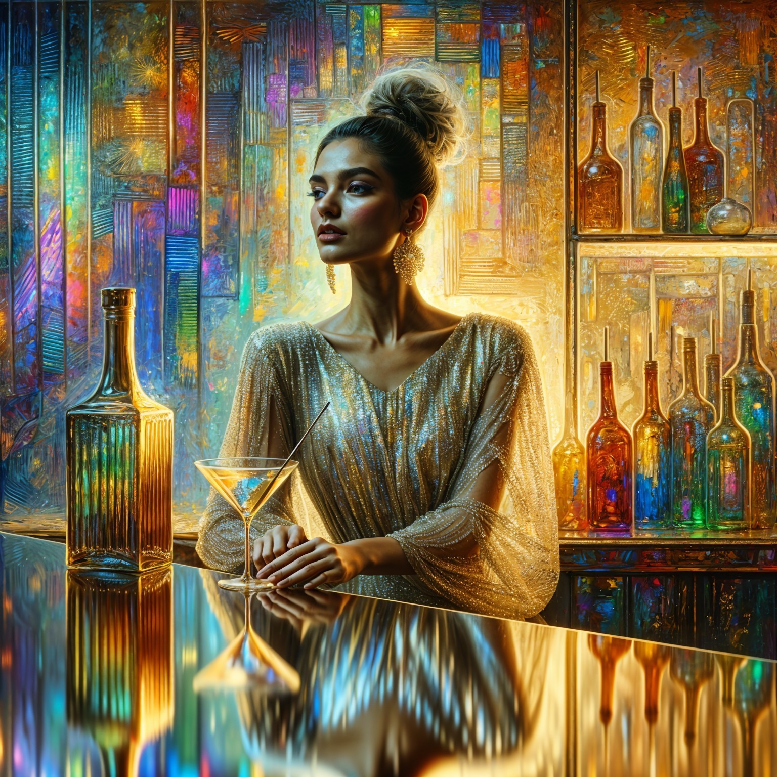 Glamorous Woman in Gold Dress at Vibrant Bar