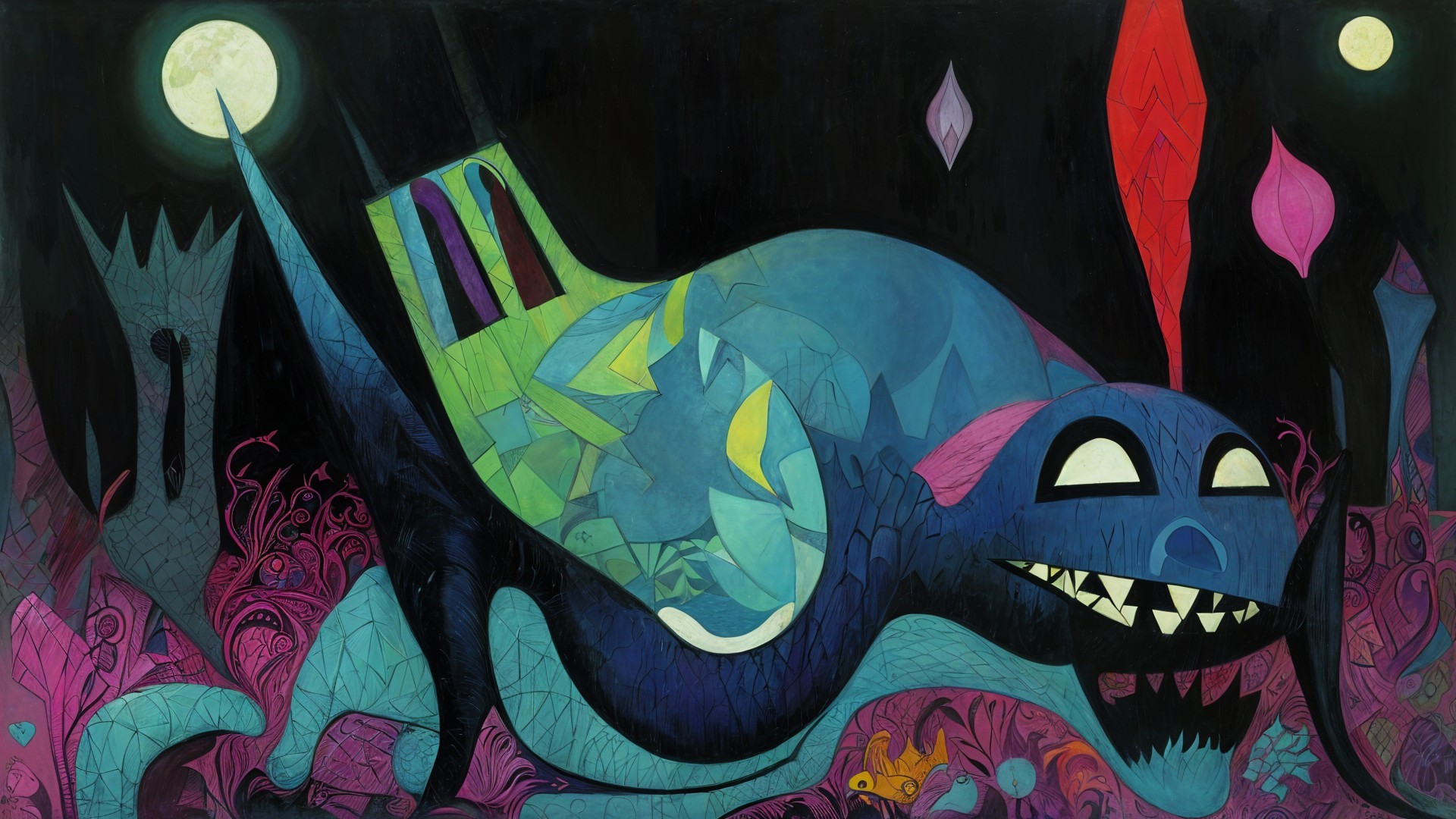 Large Blue Creature in Colorful Flora and Moonlight