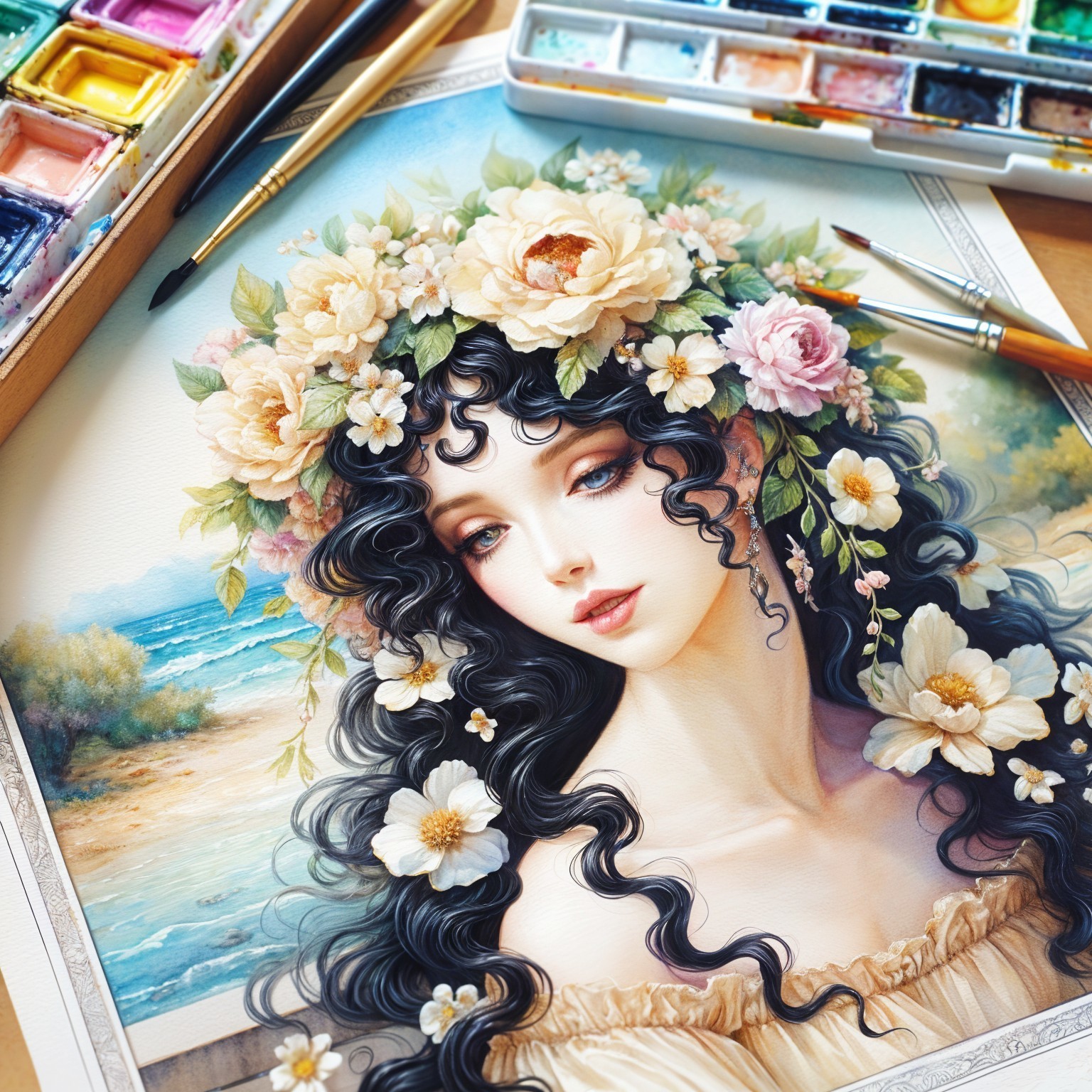 Portrait of a woman with floral crown and coastal backdrop