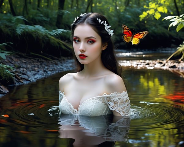 Young woman in serene forest stream with greenery