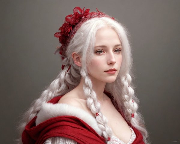 Young woman in red cloak with braided white hair