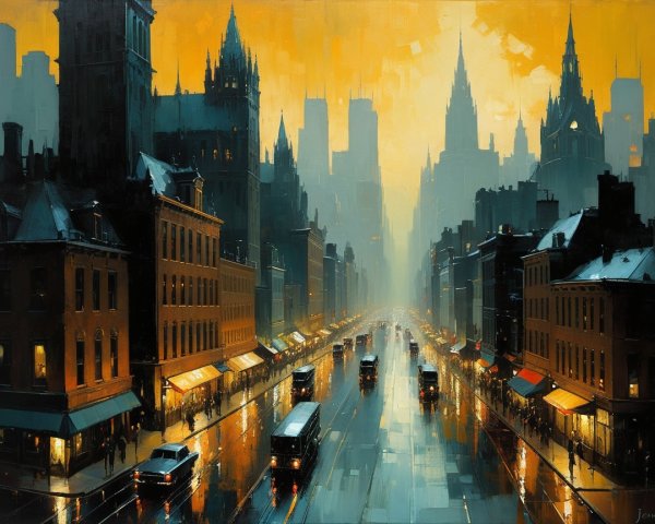 Vibrant Cityscape at Dusk with Mist and Reflections