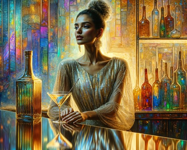 Glamorous Woman in Gold Dress at Vibrant Bar
