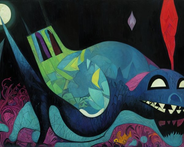 Large Blue Creature in Colorful Flora and Moonlight
