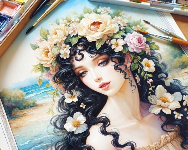 Portrait of a woman with floral crown and coastal backdrop