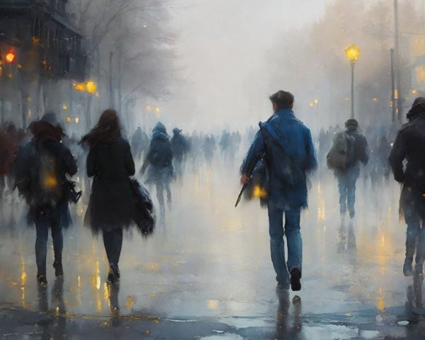 Misty City Street with Silhouetted Pedestrians