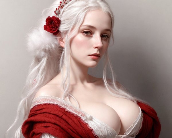 Elegant Portrait of Woman with White Hair and Red Flower