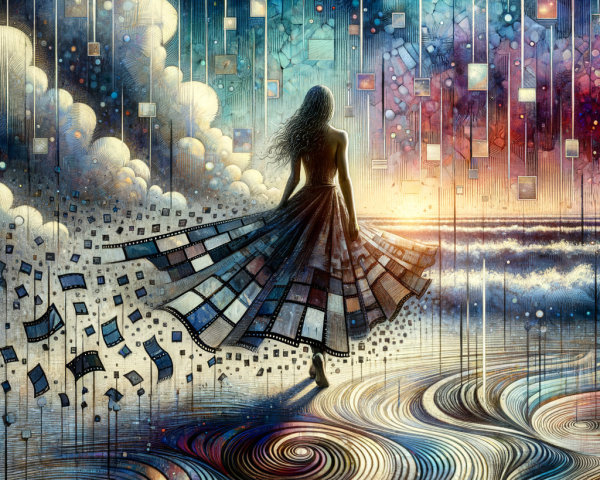 Silhouette of a woman in a dress on a sunset beach