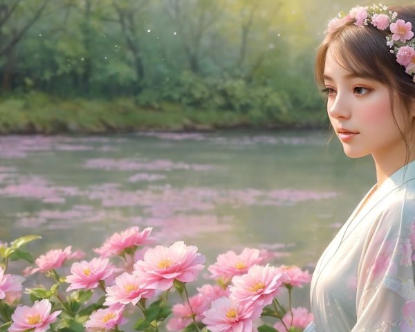 Serene Woman by Tranquil Lake with Lotus Flowers