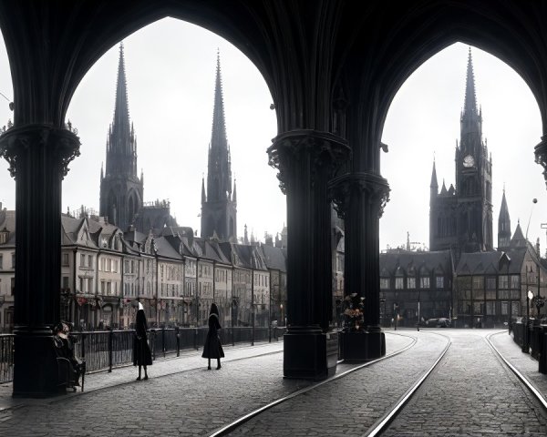 Gothic Cityscape Under Dramatic Archways and Clouds
