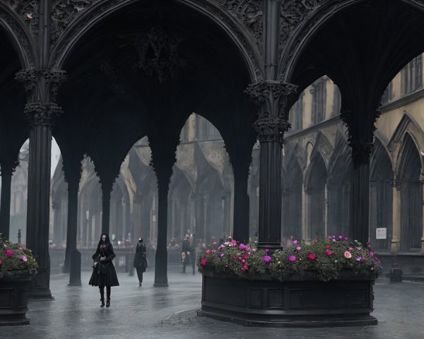 Misty Courtyard with Gothic Arches and Vibrant Flowers