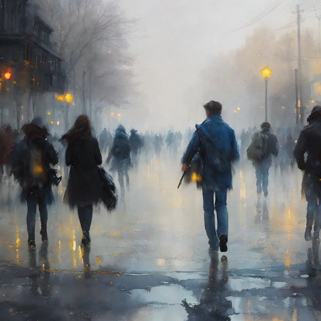 Misty City Street with Silhouetted Pedestrians