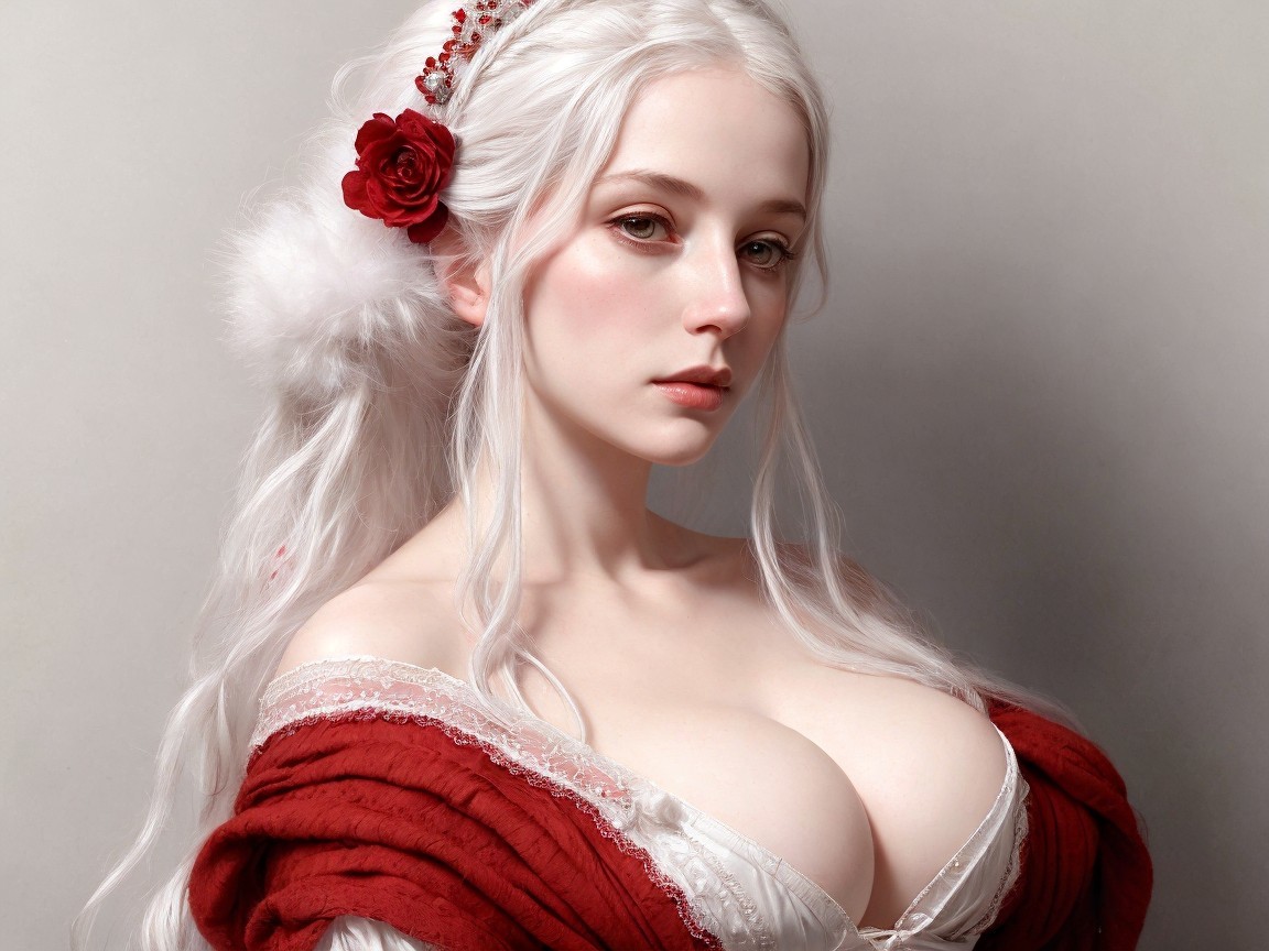 Elegant Portrait of Woman with White Hair and Red Flower