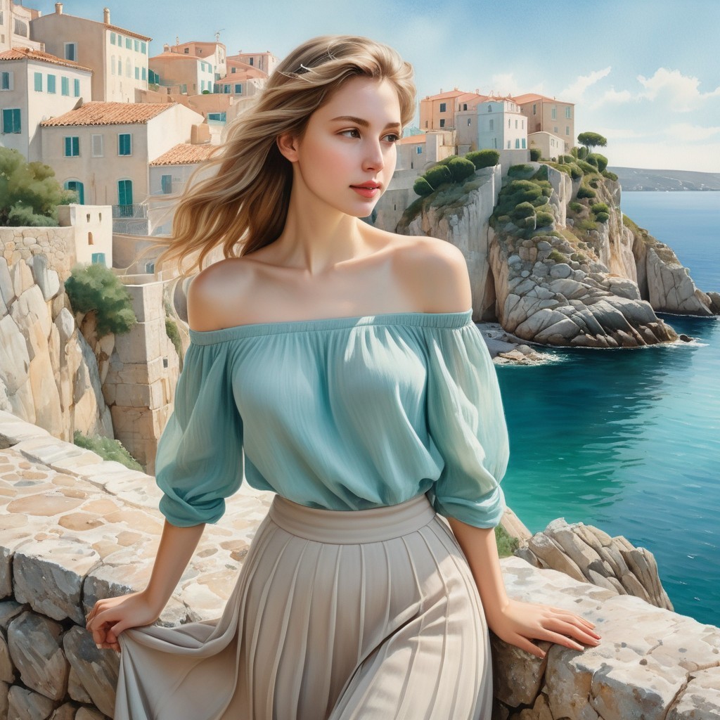 Young woman in mint top by rocky coastline