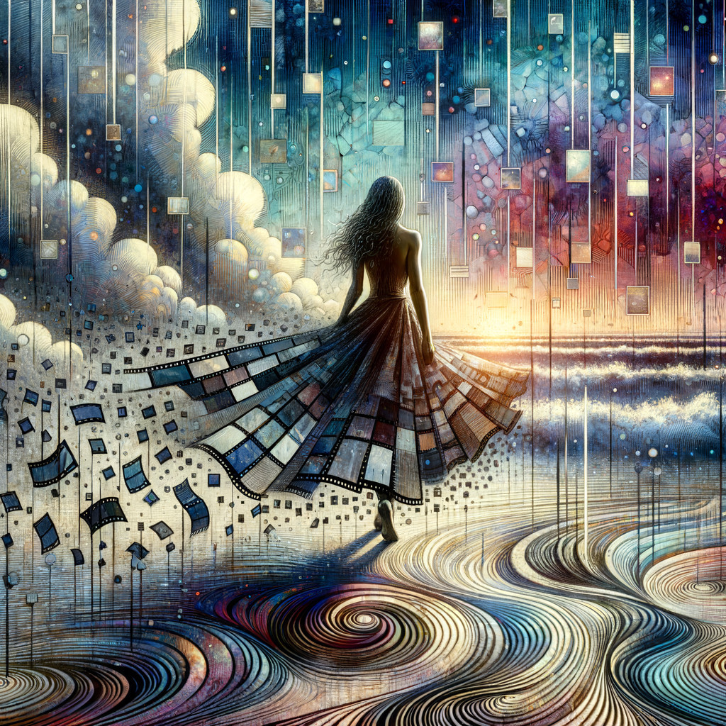 Silhouette of a woman in a dress on a sunset beach