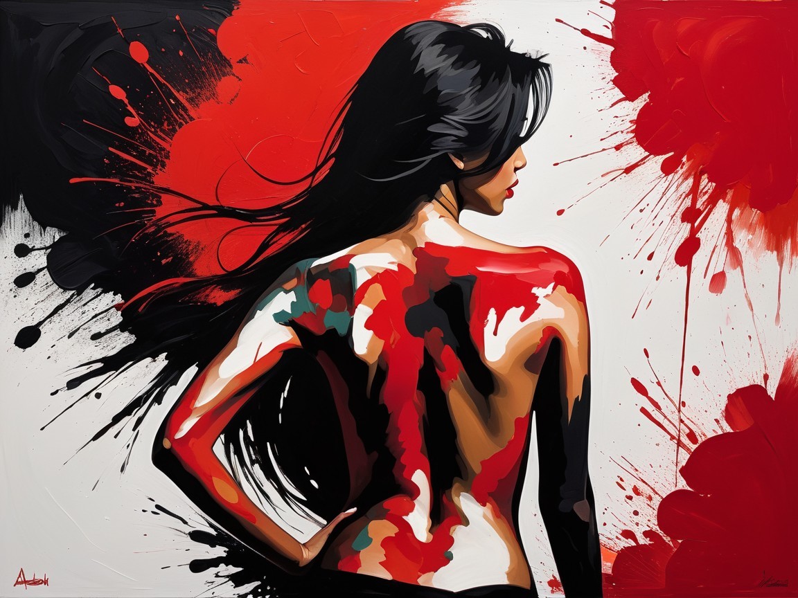 Female Figure with Abstract Red and Black Background